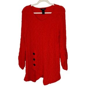 Ali Miles Red Textured V-Neck Tunic‎ Top Women's Large Button Lagenlook